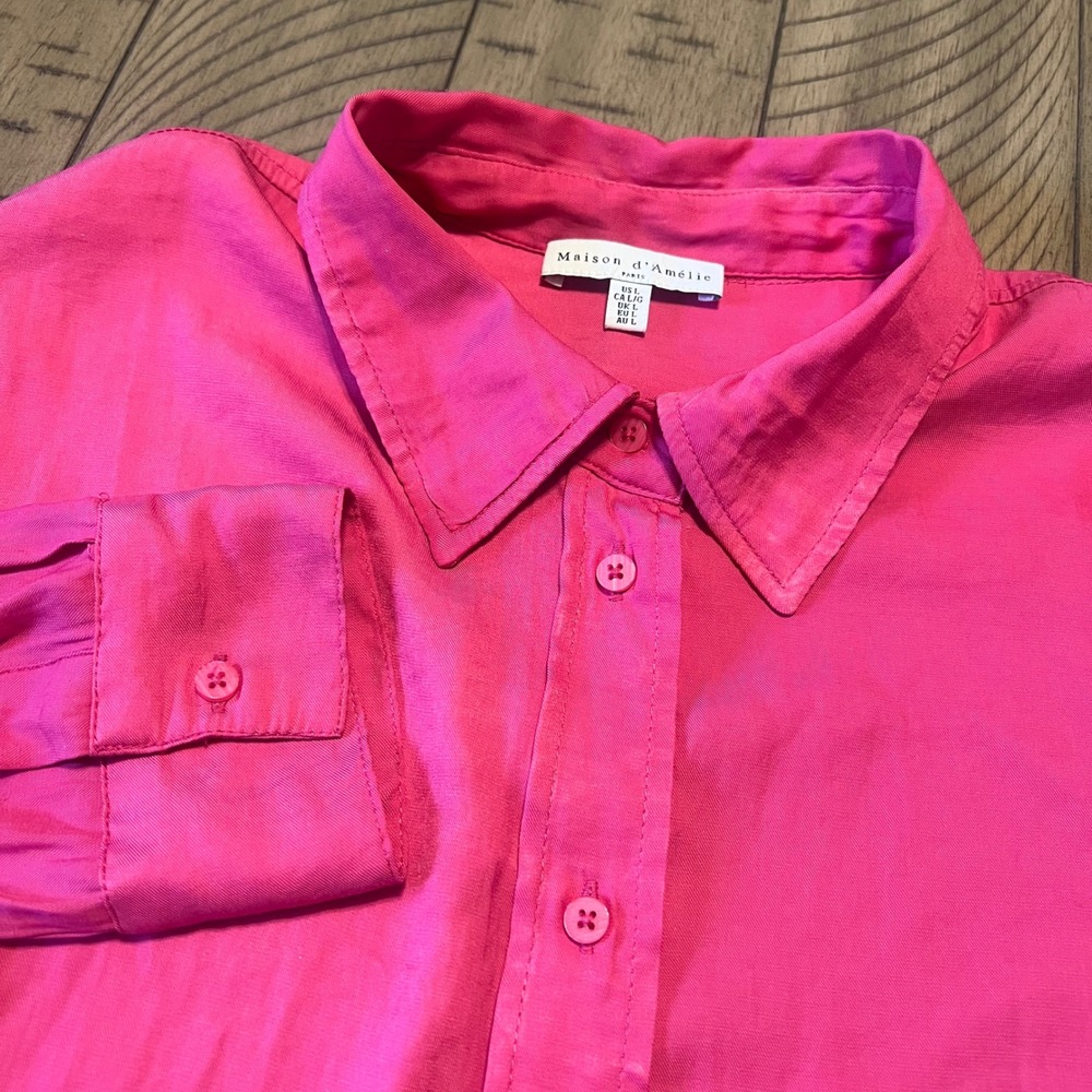 Maison d'Amelie Women's Lg Button Down Shirt Hot Pink High Low Oversized Tunic